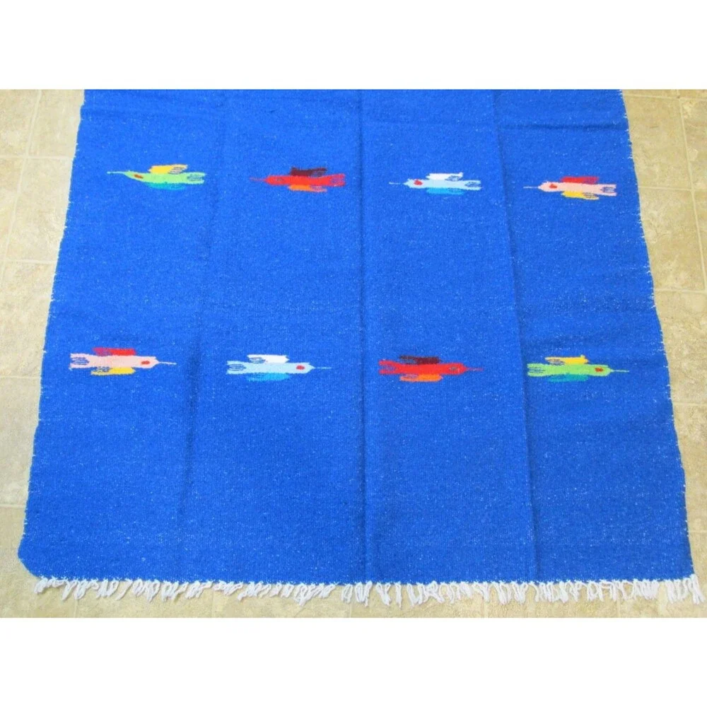 Vtg Mexican Blanket Go Londrina thunderbird  knit artisan Handwoven Blue Rug
